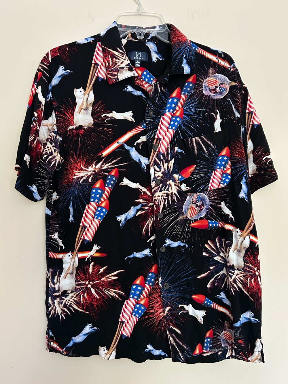 George Men’s Black Short Sleeve Button-Down Shirt Red, White & Blue USA Flag